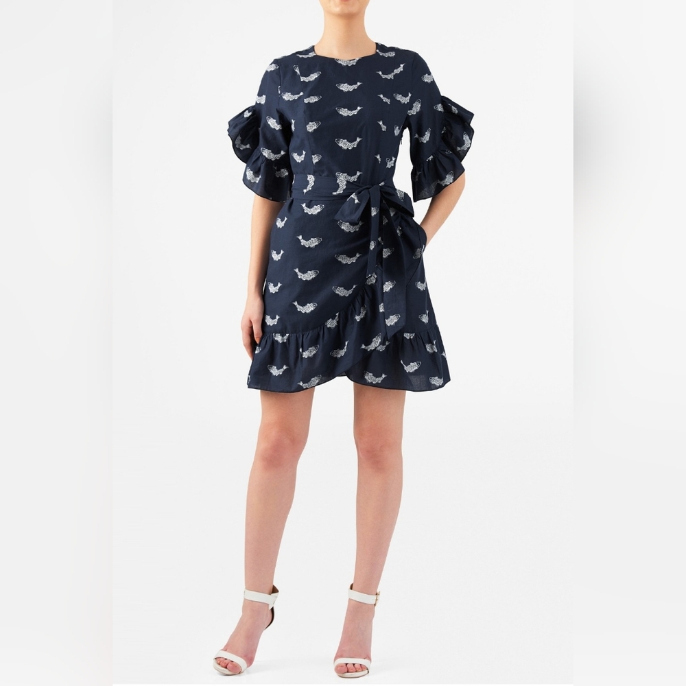 eShakit Ladies Fish Print 100% Cotton Ruffle Faux Wrap Dress Size XL